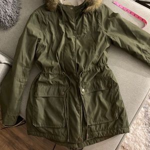 Army green jacket with faux fur hood